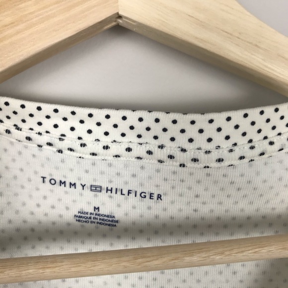 TOMMY HILFIGER White and Black Polka Dot Vneck Tee - Picture 2 of 4